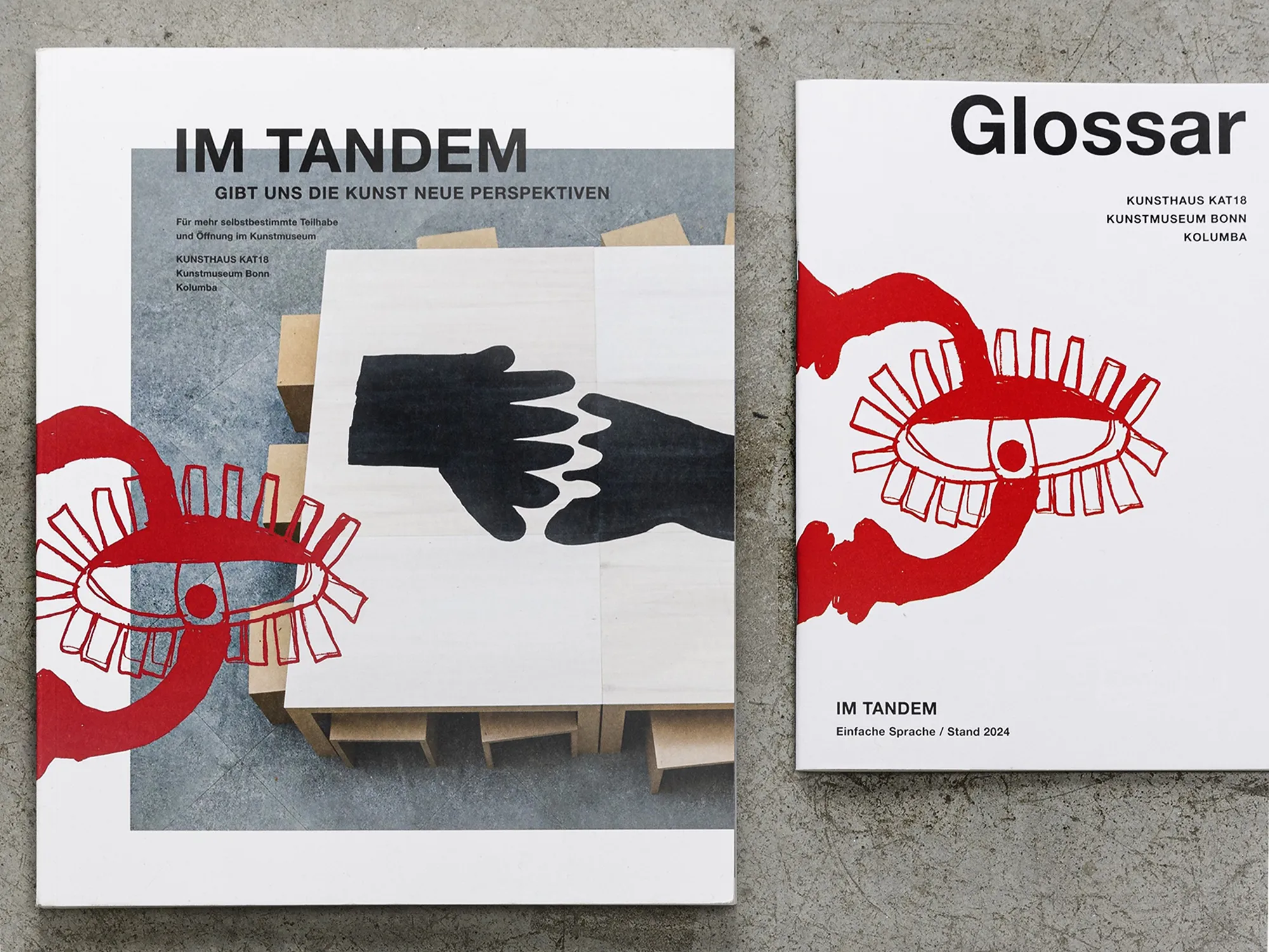Foto von zwei geschlossenen Broschüren mit dem Titel „Im Tandem“ und „Glossar" sowie einer roten, abstrakten Grafik auf beiden Broschüren.